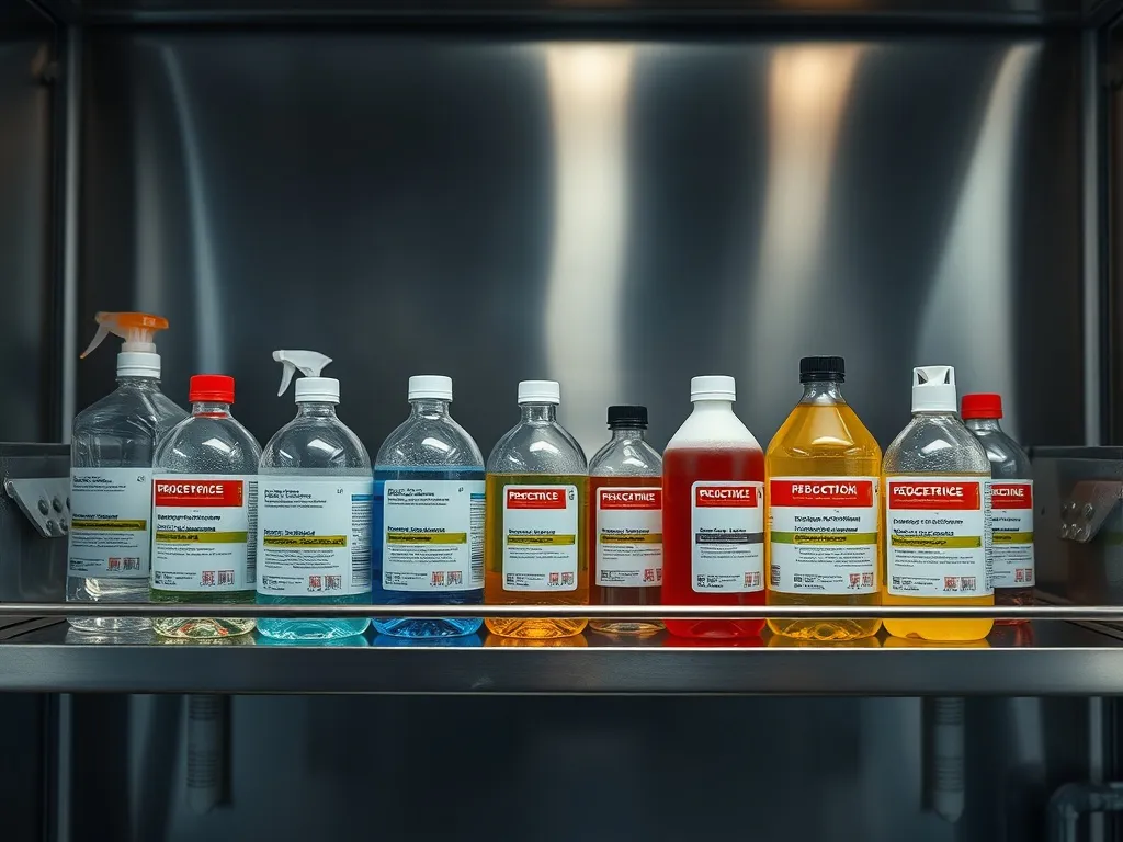 Professional industrial kitchen cleaning chemicals bottles a