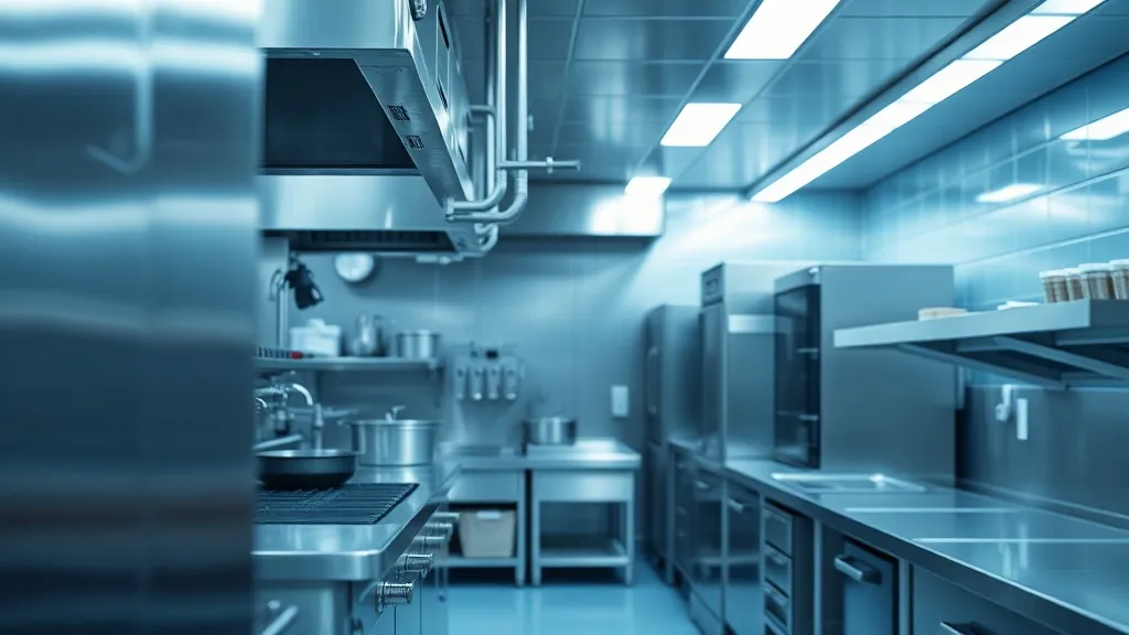 Professional industrial kitchen interior, stainless steel eq